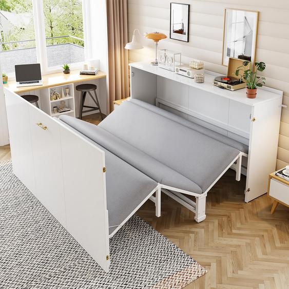 Lit pliant Merax 140 x 200 cm avec matelas en lin, lit escamotable peu encombrant pour les invités, lit coulissant avec structure métallique et roulettes, blanc