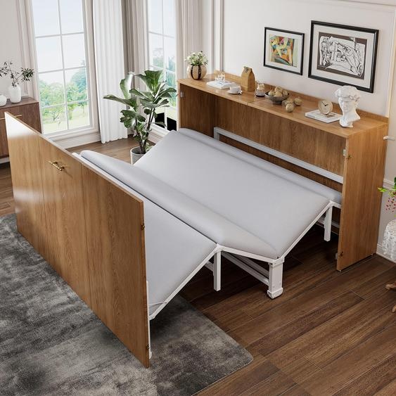 Lit pliant Merax 140 x 200 cm avec matelas en lin, lit escamotable peu encombrant pour les invités, lit coulissant avec structure métallique et roulettes, couleur naturelle