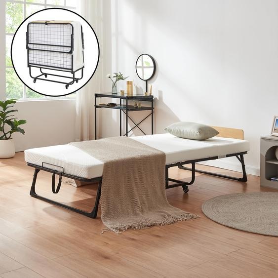 Lit pliant métallique Lustendi avec matelas 200 x 90 cm enroulable max. 150 kg Noir / aspect chêne