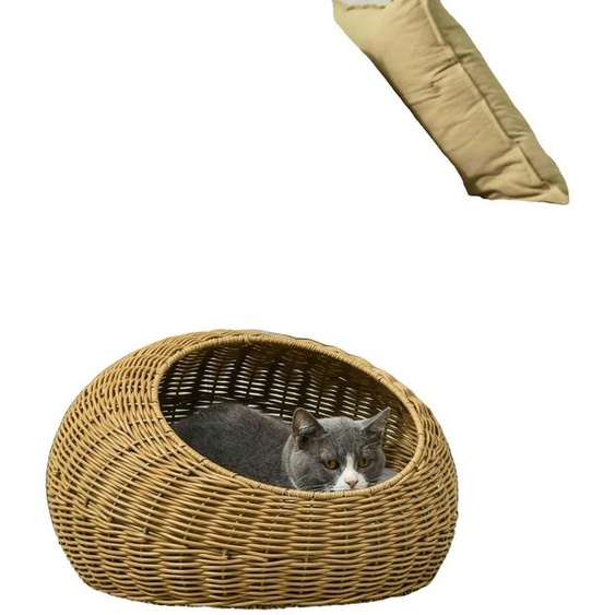 Lit pour chat, en rotin, dimensions : 45 cm x 40 cm x 30 cm, convient aux chats pesant jusquà 4 kg, coussin moelleux inclus, décoration dintérieur élégante