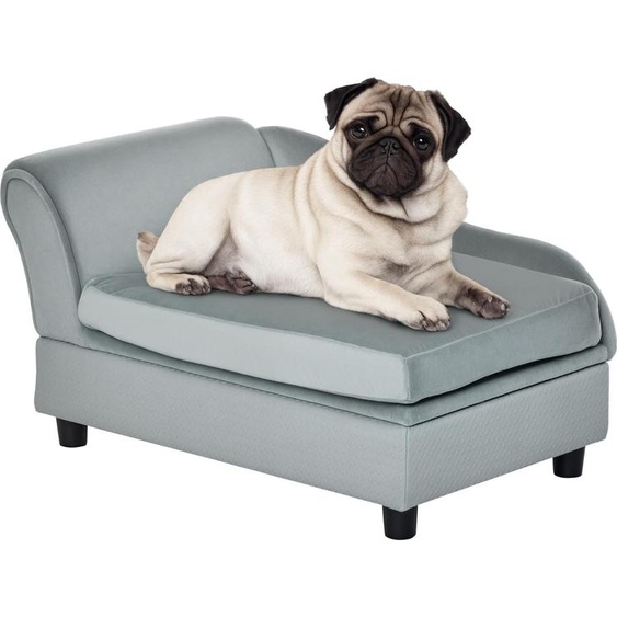 Lit pour chien en bois massif avec coussin, canapé pour animaux de compagnie avec espace de rangement, canapé pour chat en peluche, gris clair | Assise rabattable | Jusquà 15 kg | 76 x 45 x 43 cm