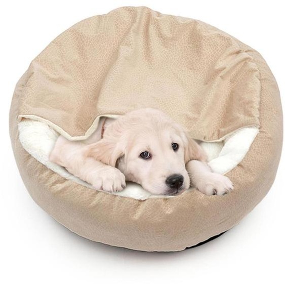 Lit pour chien, lavable, moelleux, rond, avec couverture, diamètre 60 cm, couleur beige