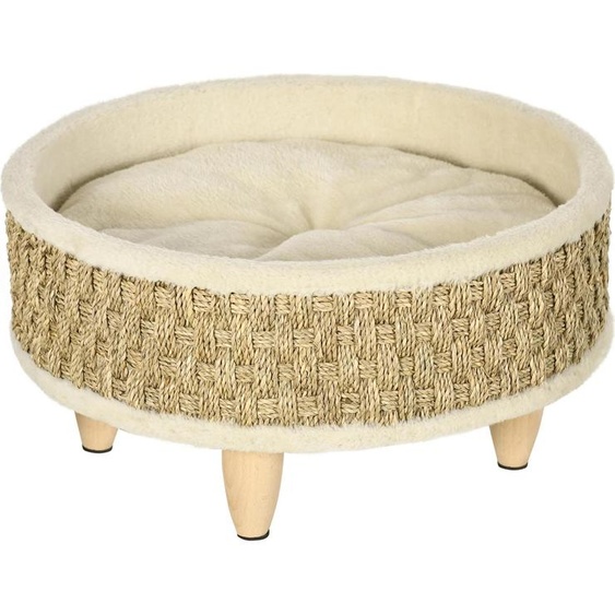 Lit pour chien - Rond - Coussin lavable - Peluche - Cadre en aggloméré - Respirant - 48 x 48 x 24,5 cm - Beige