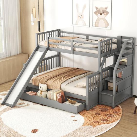 Lit pour enfant 90 x 200 cm, lit superposé 140 x 200 cm, lit superposé avec tiroirs, rangement et toboggan, multifonction, Gris