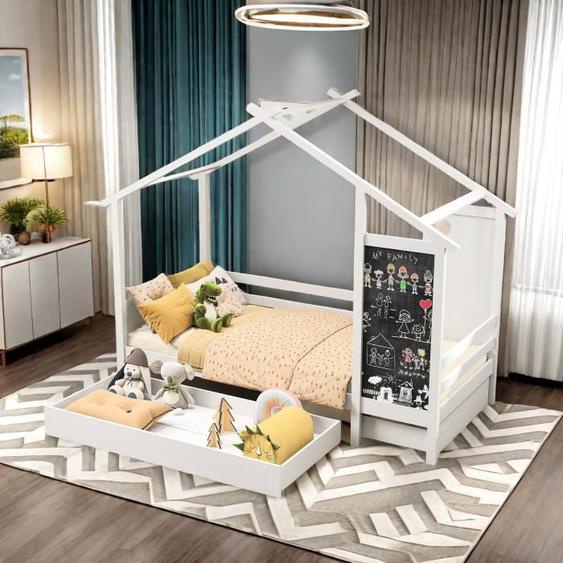 Lit pour enfants - MARQUE - Maison - Bois massif - 90x200cm - Tiroir coulissant