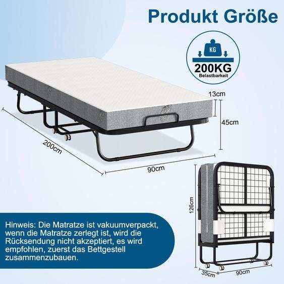 Lit rabattable ISOISL avec matelas, 90x200 cm, lit dappoint pliable avec cadre en métal, roulettes et housse anti-poussière