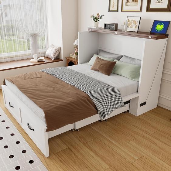 Lit rabattable Merax 140x200 cm avec espace de rangement, lit escamotable avec cadre métallique, prise électrique, système de roulettes, lit dappoint gain de place, blanc