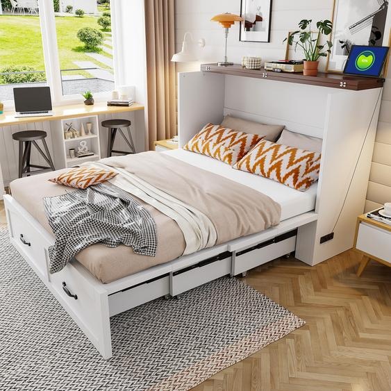 Lit rabattable Merax 140x200 cm avec espace de rangement, lit escamotable avec cadre métallique, prise électrique, système de roulettes, lit dappoint gain de place, blanc