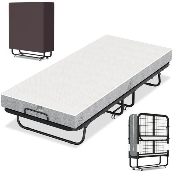 Lit rabattable Peviasot avec matelas, 90x200 cm, lit dappoint pliable avec structure métallique, roulettes et housse anti-poussière