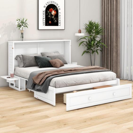 Lit rabattable transformable en armoire, avec tiroirs et étagère, dimensions 140 x 200 cm. Lit plateforme en bois de pin, blanc