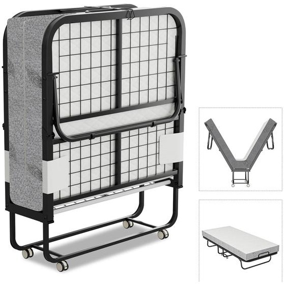 Lit rabattable Vigevee, dimensions 90x200 cm, avec matelas de 13 cm dépaisseur, adapté comme lit dappoint jusquà 200 kg, équipé de 4 roulettes et dune housse anti-poussière