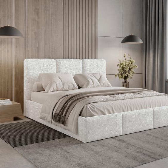 Lit rembourré 120 x 200 Elora Bouclé – Lit avec coffre de rangement et sommier à lattes, lit moderne avec espace de rangement, lit de chambre à coucher, tissu bouclé tendance – Blanc