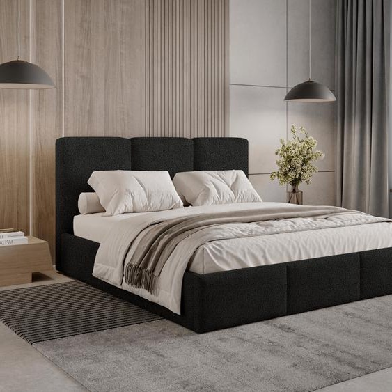 Lit rembourré 120 x 200 Elora Bouclé – Lit avec coffre de rangement et sommier à lattes, lit moderne avec espace de rangement, lit de chambre à coucher, tissu bouclé tendance – Noir