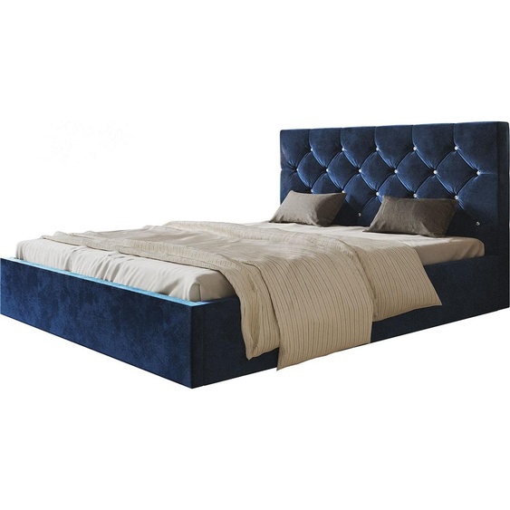 Lit rembourré, 120x200 cm, lit double, avec coffre de lit, avec sommier à lattes, avec tête de lit, Lit moderne, robuste, élégant, qualité de première classe, Slim-7, bleu foncé