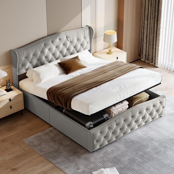 Lit rembourré, 140 x 200 cm, avec sommier à lattes et rangement, double hydraulique, velours