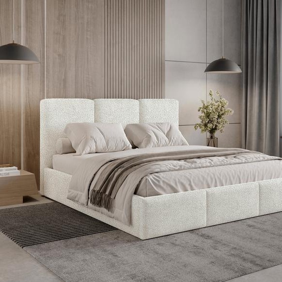 Lit rembourré 140 x 200 Elora Bouclé – Lit avec coffre de rangement et sommier à lattes, lit moderne avec espace de rangement, lit de chambre à coucher, tissu bouclé tendance – Crème