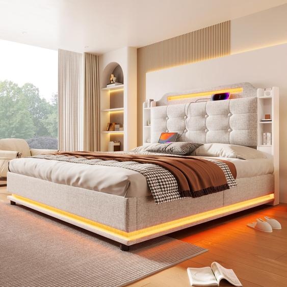Lit rembourré 140×200 cm Beige avec LED, espace de rangement & USB/Type-C, sans matelas