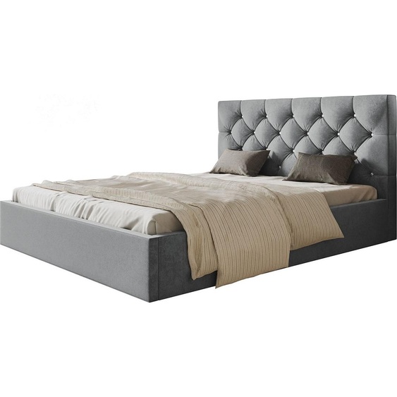 Lit rembourré, 140x200 cm, lit double, avec coffre de lit, avec sommier à lattes, avec tête de lit, Lit moderne, robuste, élégant, de première qualité, Slim-7, Gris