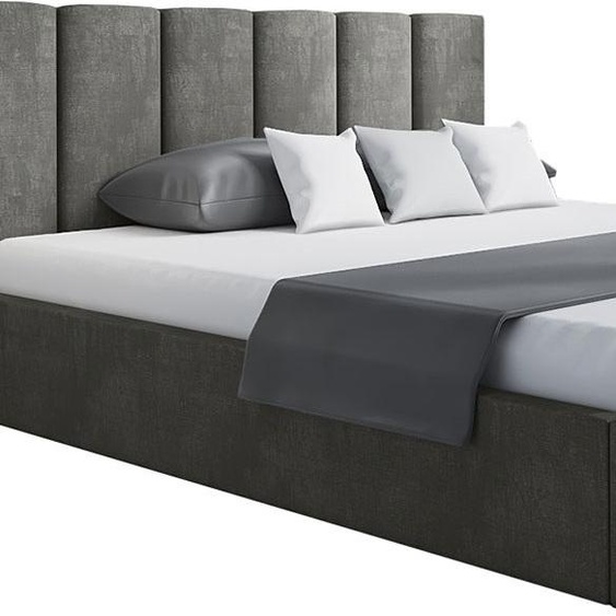 Lit rembourré, 140x200 cm, lit double, avec coffre de lit, avec sommier à lattes, avec tête de lit, Lit moderne, robuste, élégant, qualité supérieure, Slim-0, Gris