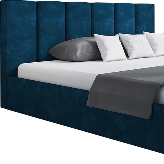 Lit rembourré, 140x200 cm, lit double, avec sommier à lattes, avec tête de lit, Lit moderne, robuste, élégant, de première qualité, Slim-0, Bleu foncé