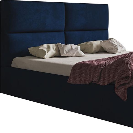 Lit rembourré, 140x200 cm, lit double, avec sommier à lattes, avec tête de lit, Lit moderne, robuste, élégant, qualité supérieure, Slim-6, bleu foncé