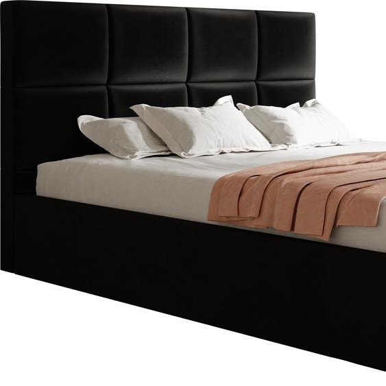 Lit rembourré, 140x200 cm, lit double, avec sommier à lattes, avec tête de lit, Lit moderne, robuste, élégant, qualité supérieure, Slim, Noir