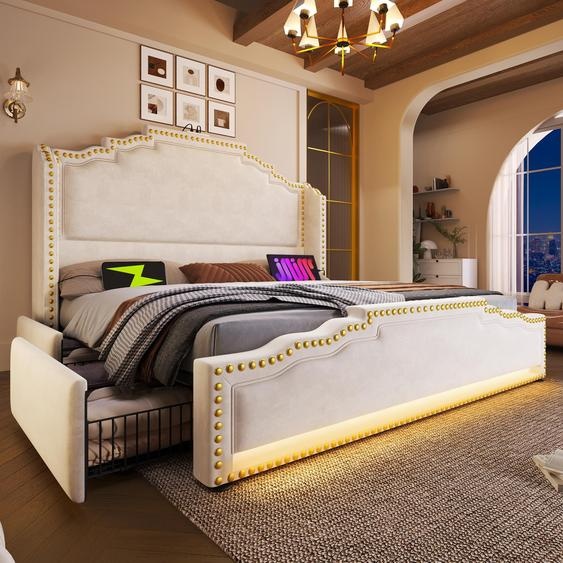Lit rembourré 140x200, lit double avec 4 tiroirs, éclairage LED et port de charge USB-C, lit coffre et lit pour adolescents avec sommier à lattes, en velours, couleur beige