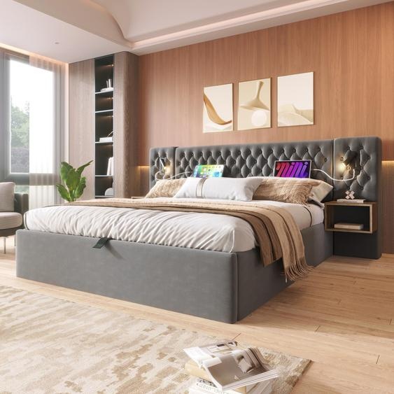 Lit rembourré 160 × 200 cm avec lampe de lecture réglable, fonction de recharge et table de chevet, lit double avec rangement, avec coffre de rangement, velours, gris (sans matelas)