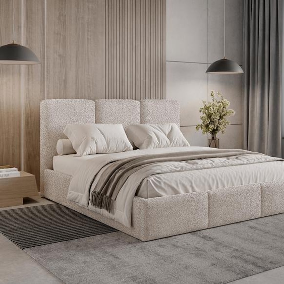 Lit rembourré 160 x 200 Elora Bouclé – Lit avec coffre de rangement et sommier à lattes, lit moderne avec espace de rangement, lit de chambre à coucher, tissu bouclé tendance – Beige