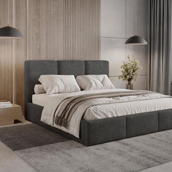 Lit rembourré 160 x 200 Elora Bouclé – Lit avec coffre de rangement et sommier à lattes, lit moderne avec espace de rangement, lit de chambre à coucher, tissu bouclé tendance – Gris