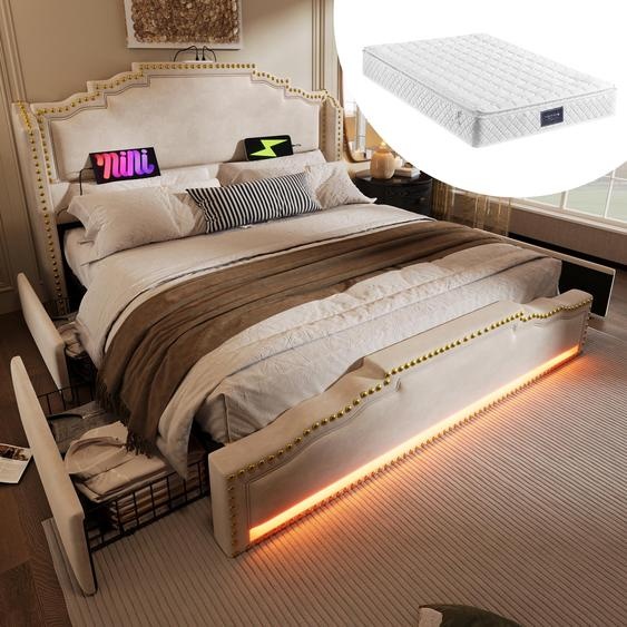 Lit rembourré 160x200 avec matelas, éclairage LED, port de charge USB-C et 4 tiroirs, lit en velours avec espace de rangement et sommier à lattes, de couleur beige