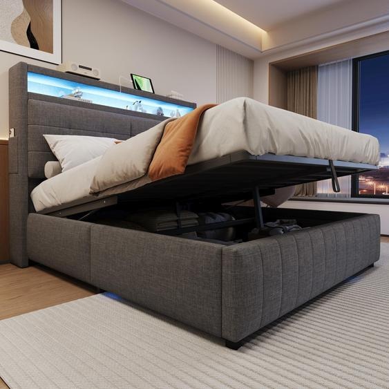 Lit rembourré 160x200 cm, avec éclairage LED et prise USB,avec espace de rangement hydraulique avec compartiments, gris
