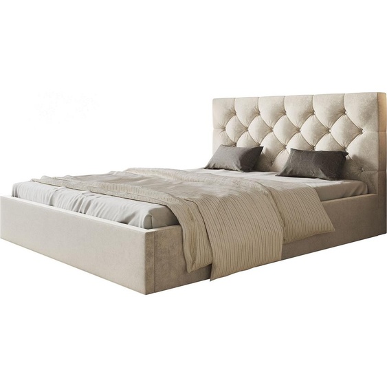 Lit rembourré, 160x200 cm, Lit double, avec sommier à lattes, avec tête de lit, Lit moderne, robuste, élégant, qualité supérieure, Slim-7, Beige