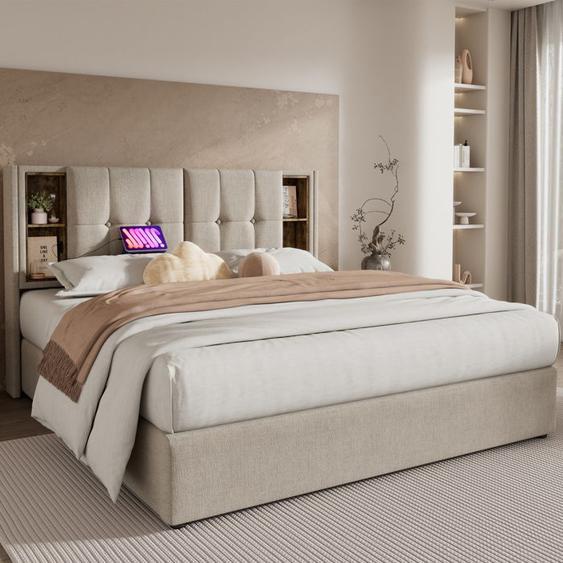Lit rembourré 160x200cm À RESSORTS À GAZ, cadre de lit double avec chargement sans fil USB C, lit avec rangements en lin naturel