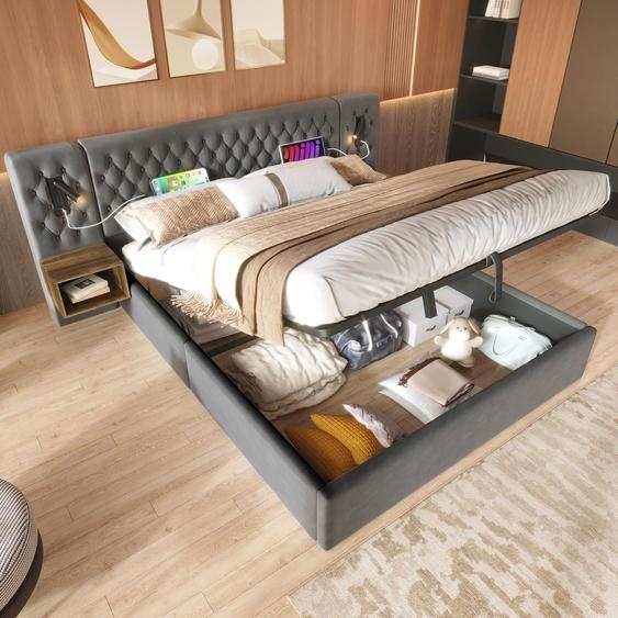 Lit rembourré 180 x 200 cm avec lampe de lecture réglable, fonction de recharge et table de chevet, lit double avec rangement, avec coffre de lit, velours, gris (sans matelas)