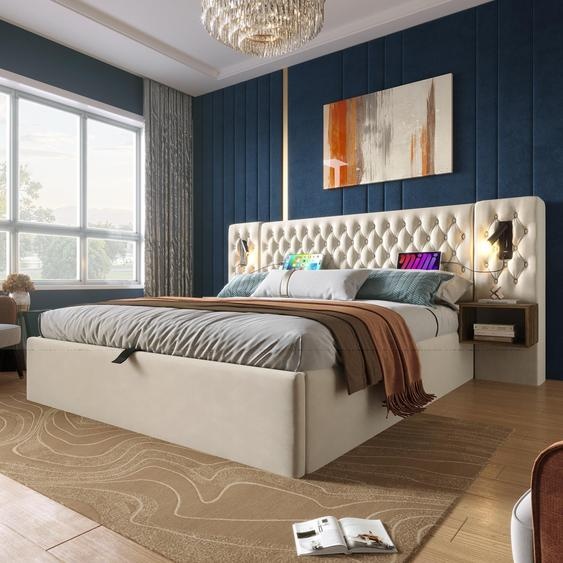 Lit rembourré 180 x 200 cm avec lampe de lecture réglable, fonction de recharge et table de chevet, lit double avec rangement, avec coffre de rangement, velours, beige (sans matelas)