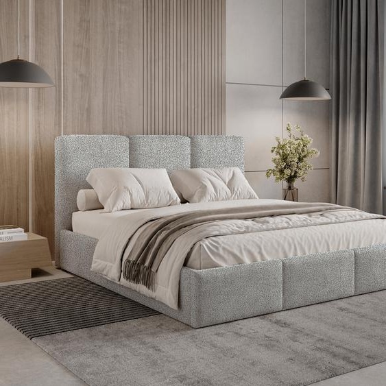 Lit rembourré 180 x 200 Elora Bouclé – Lit avec coffre de rangement et sommier à lattes, lit moderne avec espace de rangement, lit de chambre à coucher, tissu bouclé tendance – Gris clair