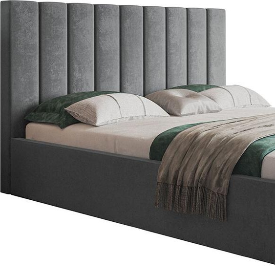 Lit rembourré, 180x200 cm, lit double, avec sommier à lattes, avec tête de lit, Lit moderne, robuste, élégant, qualité supérieure, Slim-9, Gris