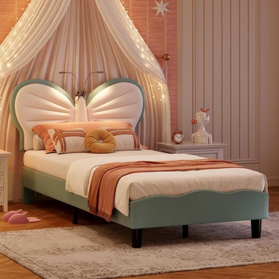 Lit Rembourré 90x200 cm, Cadre de lit Simple avec sommier à Lattes, Cadre de lit pour Enfants, Adolescents, Adultes, Velours, Bleu