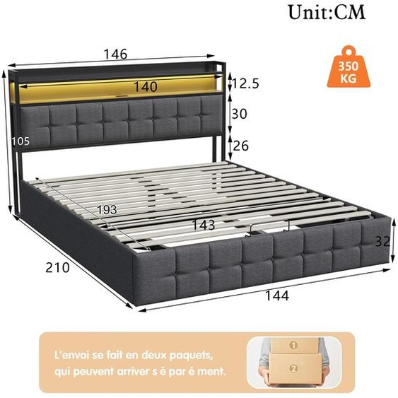 Lit rembourré avec rangement - Lit double 140 x 190 cm - Structure en bois - Tête de lit - Housse en lin