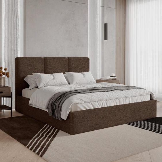 Lit rembourré BESILIO 120x200 Mira Bouclé – Lit avec coffre de rangement et sommier à lattes en bois, lit moderne avec espace de rangement pour chambre à coucher, tissu bouclé – Marron