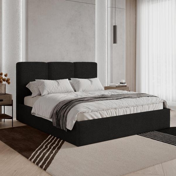 Lit rembourré BESILIO 140x200 Mira Bouclé – Lit avec coffre de rangement et sommier à lattes en bois, lit moderne avec espace de rangement pour chambre à coucher, tissu bouclé – Noir