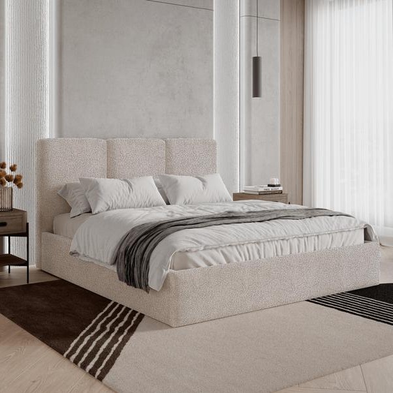 Lit rembourré BESILIO 160x200 Mira Bouclé – Lit avec coffre de rangement et sommier à lattes en bois, lit moderne avec espace de rangement pour chambre à coucher, tissu bouclé – Beige