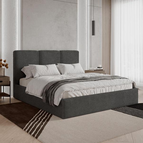 Lit rembourré BESILIO 160x200 Mira Bouclé – Lit avec coffre de rangement et sommier à lattes en bois, lit moderne avec espace de rangement pour chambre à coucher, tissu bouclé – Gris