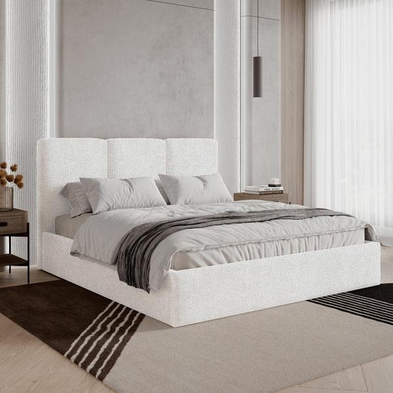 Lit rembourré BESILIO 180x200 Mira Bouclé – Lit avec coffre de rangement et sommier à lattes en bois, lit moderne avec espace de rangement pour chambre à coucher, tissu bouclé – Blanc