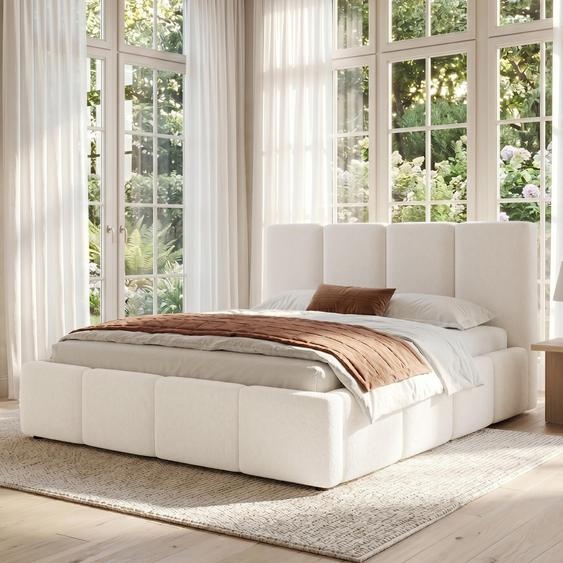 Lit rembourré Flieks 160 x 200 cm avec tête de lit rembourrée, lit double en bois avec sommier à lattes, lit pour adolescent, lit classique, bouclé, beige