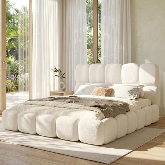 Lit rembourré Flieks 160 x 200 cm avec tête de lit rembourrée, lit double pour adolescent avec sommier à lattes, lit classique en bois Bouclé, blanc
