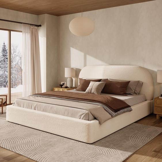 Lit rembourré Flieks 180 x 200 cm avec tête de lit rembourrée, lit double classique avec sommier à lattes, lit en bois pour adolescent Bouclé, beige