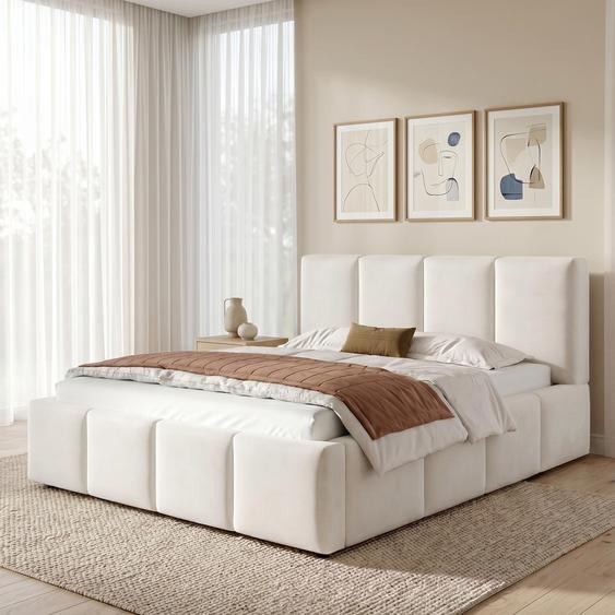 Lit rembourré Flieks 180 x 200 cm avec tête de lit rembourrée, lit double en bois avec sommier à lattes, lit pour adolescent, lit classique, chenille, beige