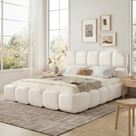 Lit rembourré Flieks 180 x 200 cm avec tête de lit rembourrée, lit double pour adolescent avec sommier à lattes, lit classique en bois Bouclé, blanc
